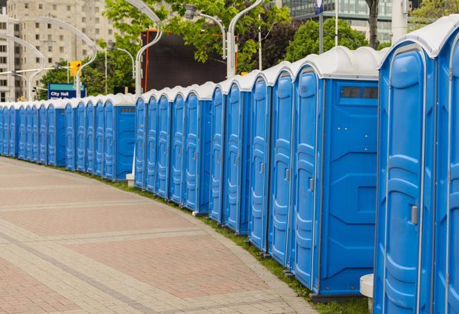 a row of sleek and modern portable restrooms at a special outdoor event in San Bernardino